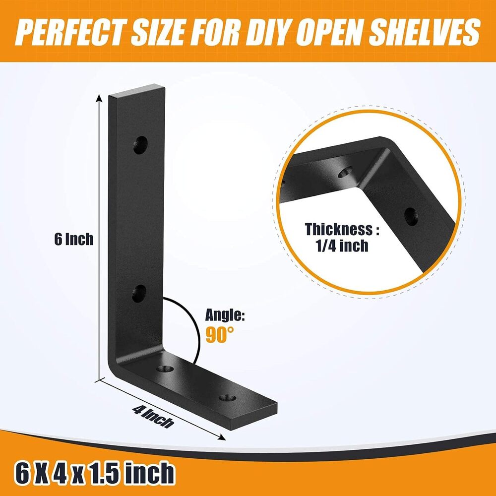 L Shelf Brackets 6" X 4", Heavy Duty And Extra Thick Shelving Brackets, Iron Wall Shelves Brackets With Hardware For Diy Open Wood Shelving, 4 Pack - Color: Black