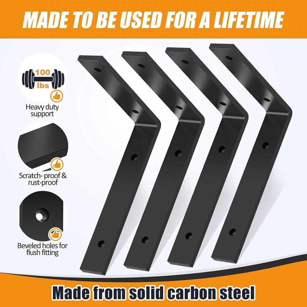 L Shelf Brackets 8" X 6", Heavy Duty And Extra Thick Shelving Brackets, Iron Wall Shelves Brackets With Hardware For Diy Open Wood Shelving, 4 Pack - Color: Black