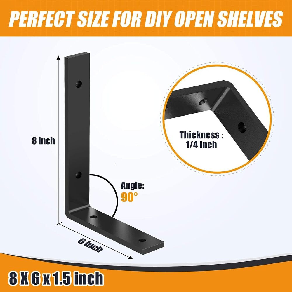 L Shelf Brackets 8" X 6", Heavy Duty And Extra Thick Shelving Brackets, Iron Wall Shelves Brackets With Hardware For Diy Open Wood Shelving, 4 Pack - Color: Black