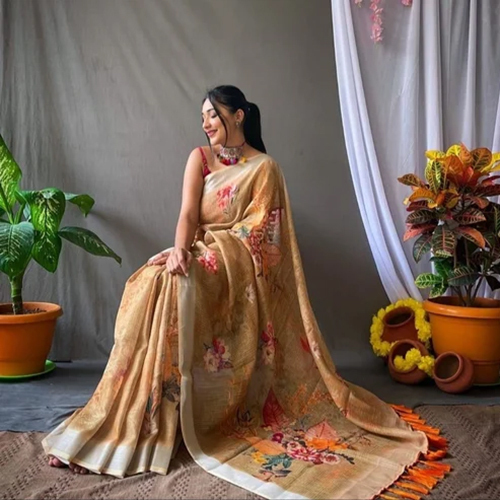 5.2 M Pure Linen Digital Printed Saree