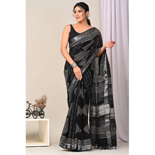 Black Digital Printed Linen Saree