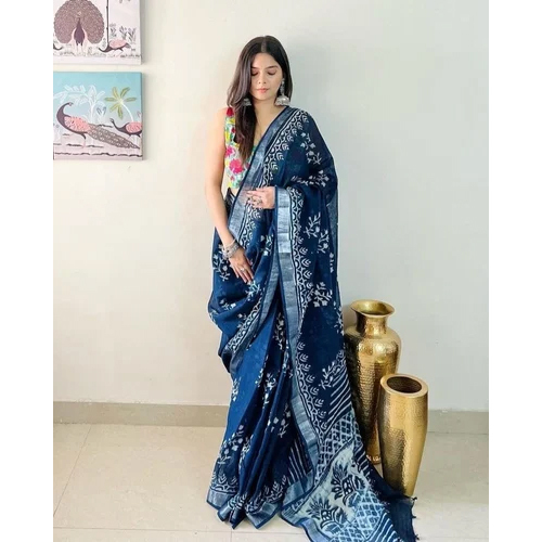 Dark Blue Digital Printed Linen Saree