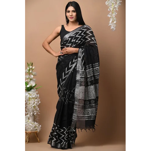 Black Printed Linen Saree