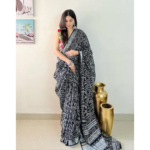 Women Casual Wear Printed Linen Saree - Color: Black