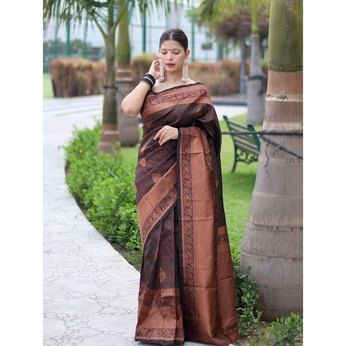 Printed Banarasi Silk Saree - Color: Brown