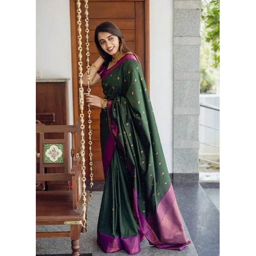 Womens Soft Lichi Silk Sarees - Color: Green