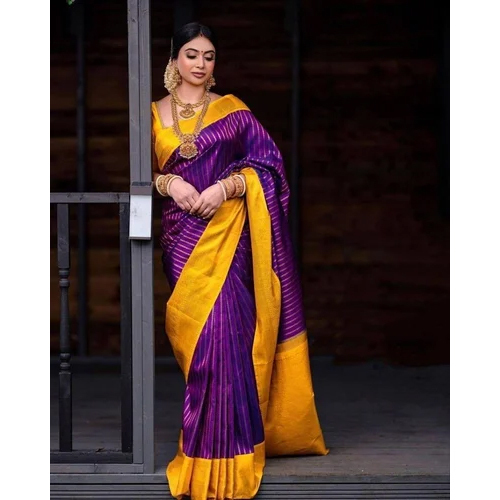 Purple Soft Lichi Silk Saree - Gender: Woman