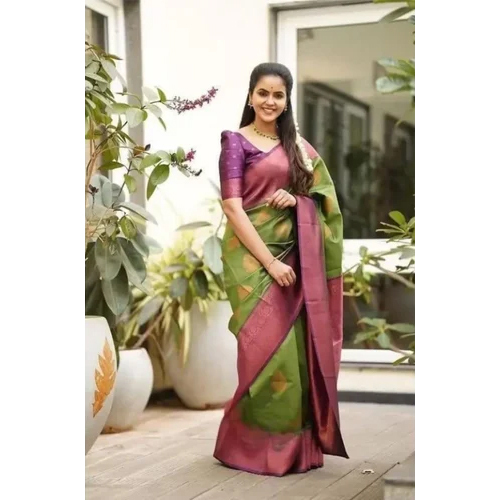 Women Kanchipuram Lichi Silk Saree - Color: Green