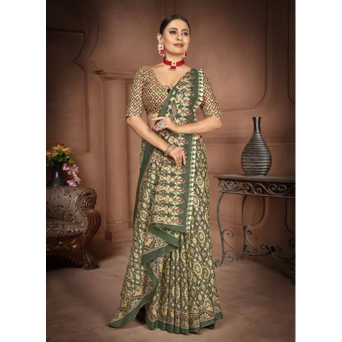 Cotton Hand Block Printed Saree - Color: Green