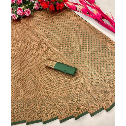 Soft Litchi Silk Saree - Color: Green And Golden