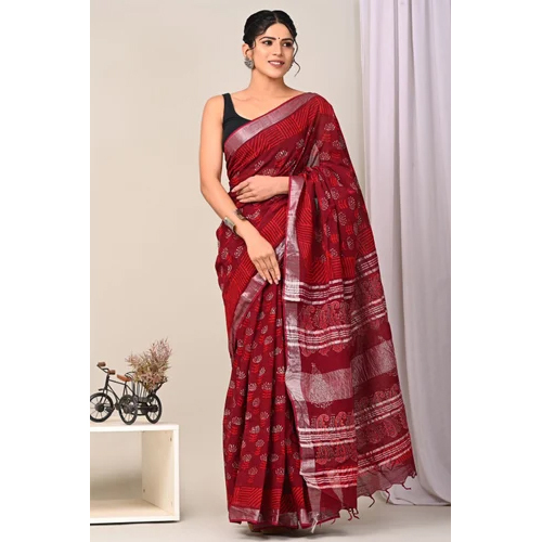 Maroon Printed Linen Cotton Saree - Color: Red