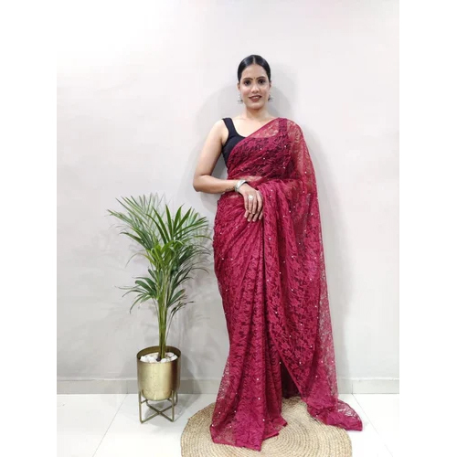 Women Net Saree - Color: Red