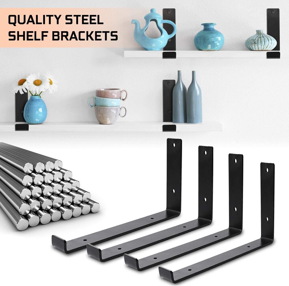 12 Inch 4 Pack Heavy Duty Black Wall L Shape Bracket&Support, Floating Hanging Iron Metal Shelves Bracket