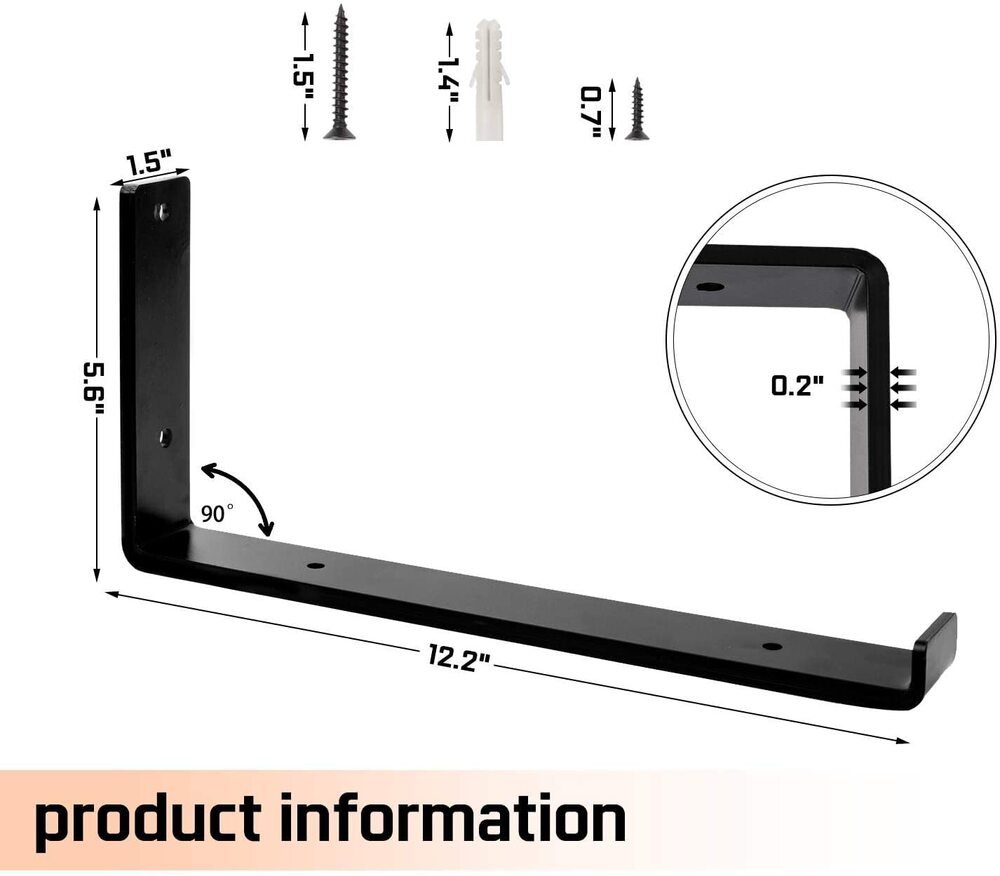 12 Inch 4 Pack Heavy Duty Black Wall L Shape Bracket&Support, Floating Hanging Iron Metal Shelves Bracket