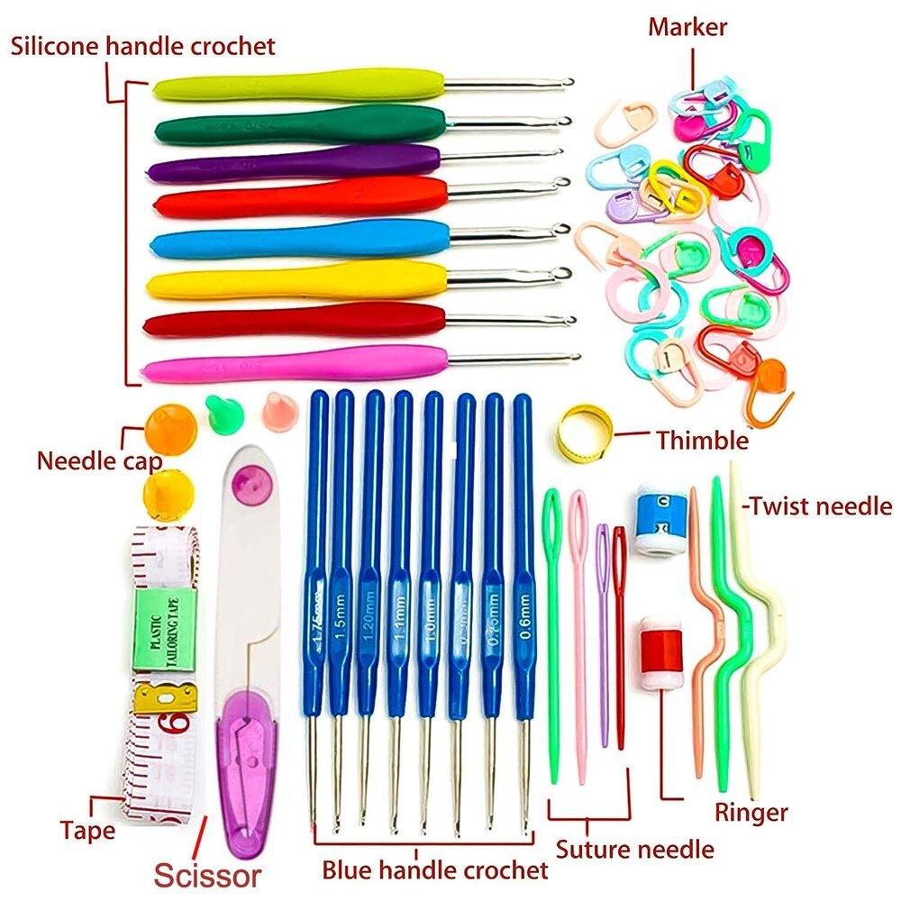 Crochet Hook Needle Set - 52pcs Ergonomic Soft Grip Hook Set 0.6mm-6mm | Includes Scissors, Tapes, Needles, And Silicone Caps For Crafting
