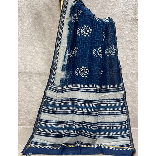 Indigo Handblock Printed Silk Cotton Saree - Color: Blue