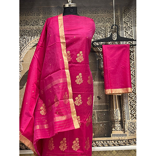 Pure Chanderi Silk Cotton Full Dress Material - Color: Red