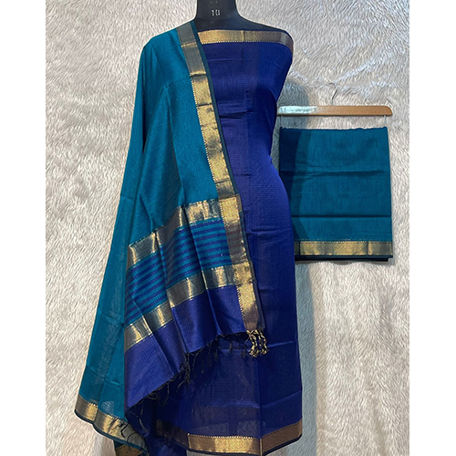 Pure Maheshwari Silk Cotton Full Dress Material With Zari Weaving Traditional Rewa Border - Color: Blue