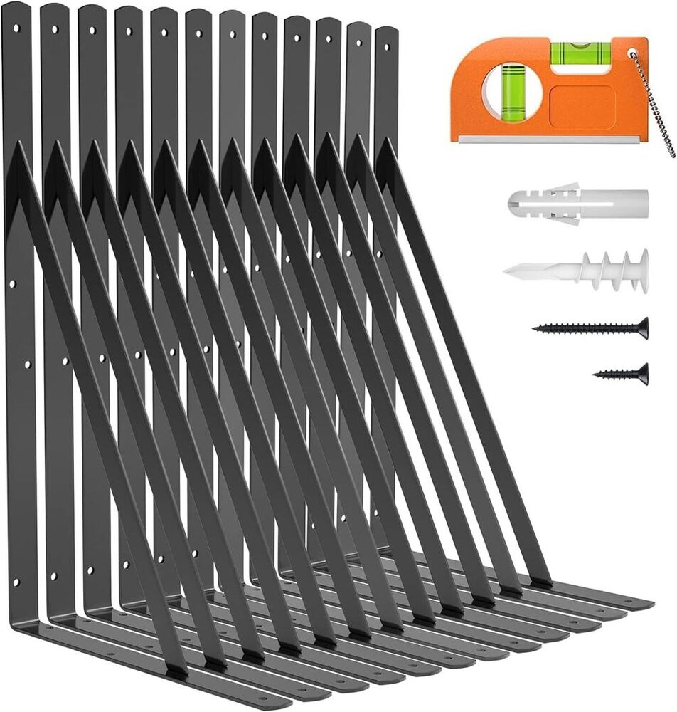 18 Inch 12 Pack Heavy Duty Shelf Bracket Fit Floating Shelves, 250 Lbs Max Load, Black L Brackets With 90 Degree Triangle