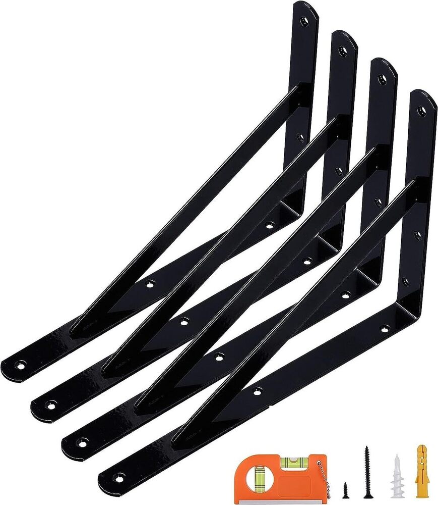 12 inch 4 pcs Heavy Duty Shelf Brackets, Large Wall Bracket for Floating Shelves, Black Powder-Coated