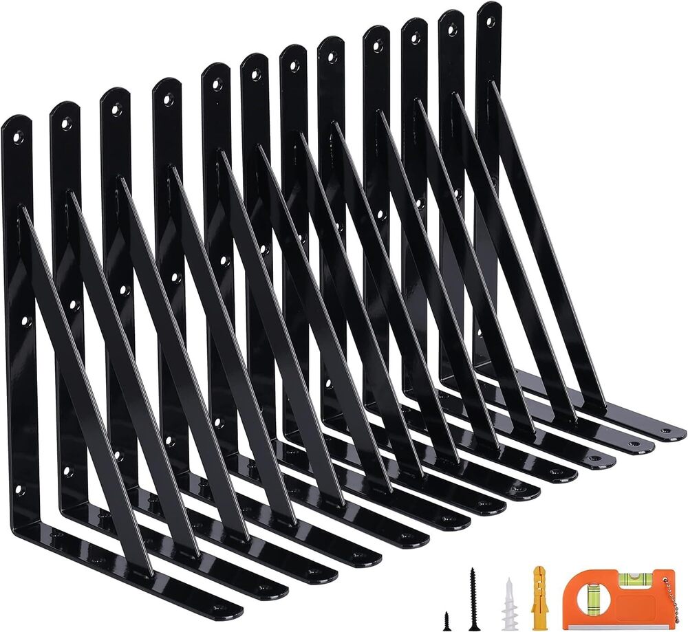 12 inch 12 pack Heavy Duty Shelf Brackets, Large Wall Bracket for Floating Shelves, Black Powder-Coated