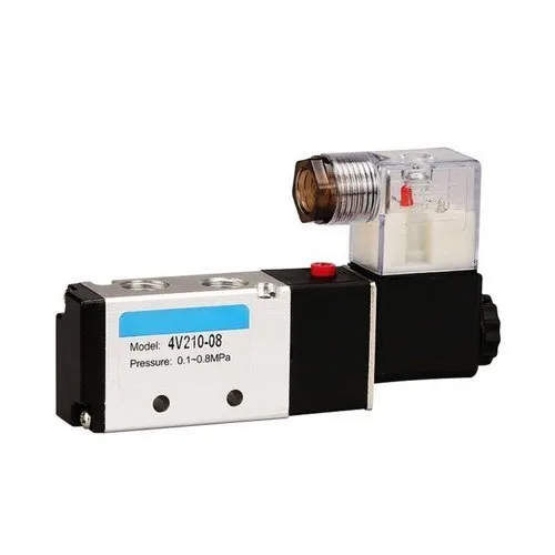 4V-210-08 5-2 Single Solenoid Valve - Stainless Steel | 1/4" Size, Silver and Black Color, Ideal for Air Applications in Industrial Settings