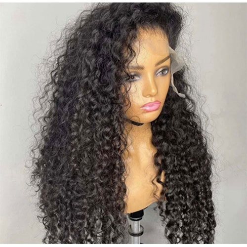 Virgin Remy Natural Curly Front Lace Human Hair Wig - Color: Jet Black