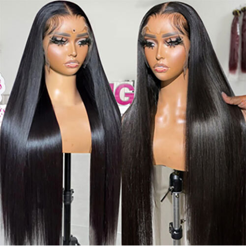 Virgin Remy Bone Straight Front Lace Human Hair Wig - Color: Jet Black