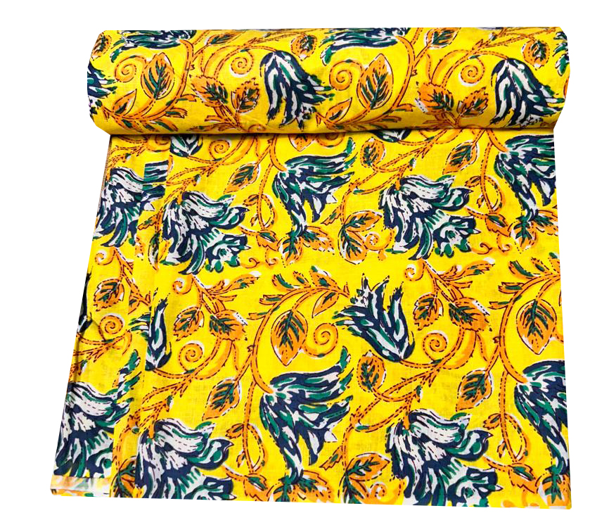 Cotton Fabric - 100% Cotton, 2.5 Meter Length, 44" Inch Width | Multicolor Floral Hand Block Printed, Washable, All Season Fabric