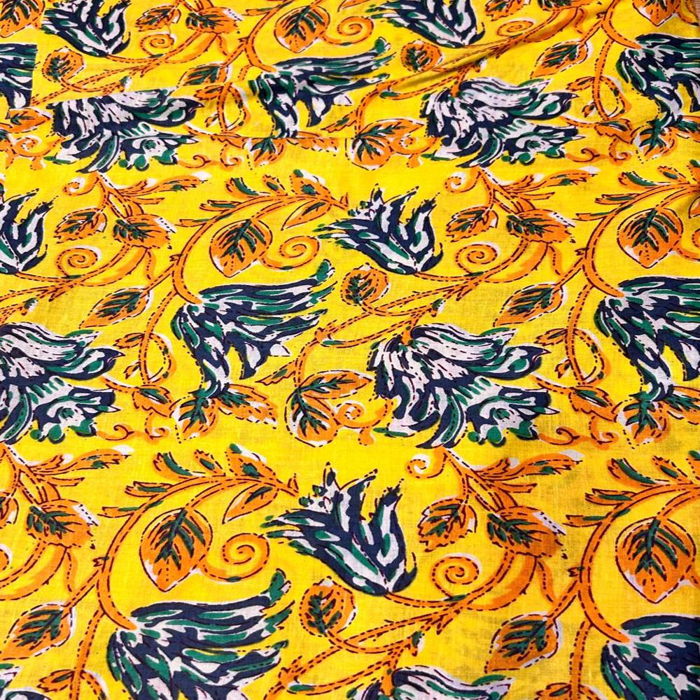 Cotton Fabric - 100% Cotton, 2.5 Meter Length, 44" Inch Width | Multicolor Floral Hand Block Printed, Washable, All Season Fabric