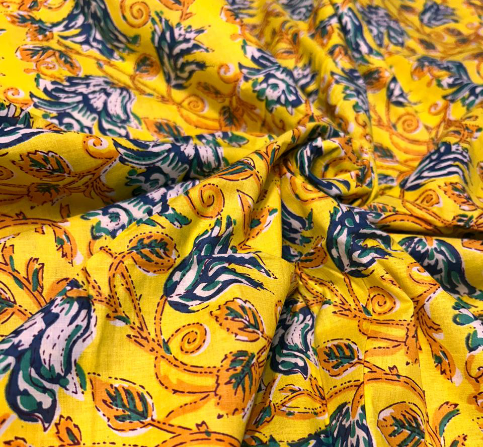Cotton Fabric - 100% Cotton, 2.5 Meter Length, 44" Inch Width | Multicolor Floral Hand Block Printed, Washable, All Season Fabric