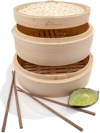 Natural Bamboo Dumpling Steamer - Dual Functionality (steaming + Air Frying), Stackable Layers, Easy To Use And Clean, Authentic Flavor