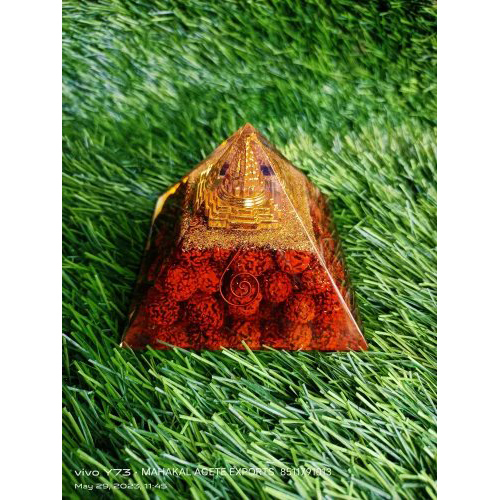 Sree Yantra Rudraksh Orgonite Pyramid - Orgonite Material, High Hardness | Red & Golden Colors, Transparent Stone, Pyramid Shape For Energy Balancing