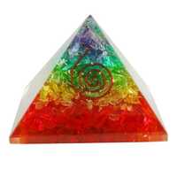 Gemstone Seven Chakra Layer Orgone Pyramid Size 7075 - Orgone Material, 70/75 Dimensions, Multicolored Layers, Transparent Gemstones