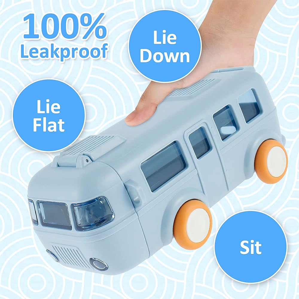 Bus Water Bottle For Kids With Strap, Sipper, & Straw - Color: Multi