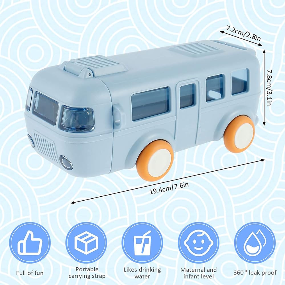 Bus Water Bottle For Kids With Strap, Sipper, & Straw - Color: Multi