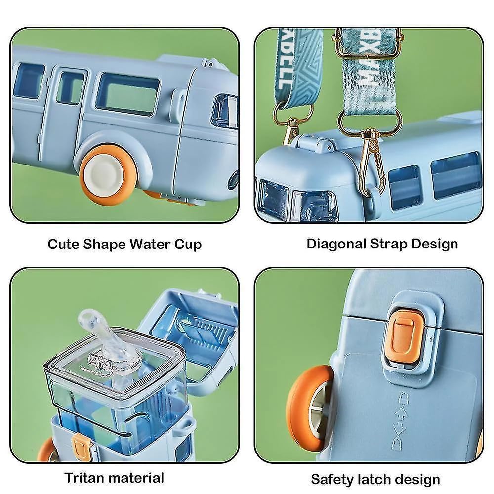 Bus Water Bottle For Kids With Strap, Sipper, & Straw - Color: Multi