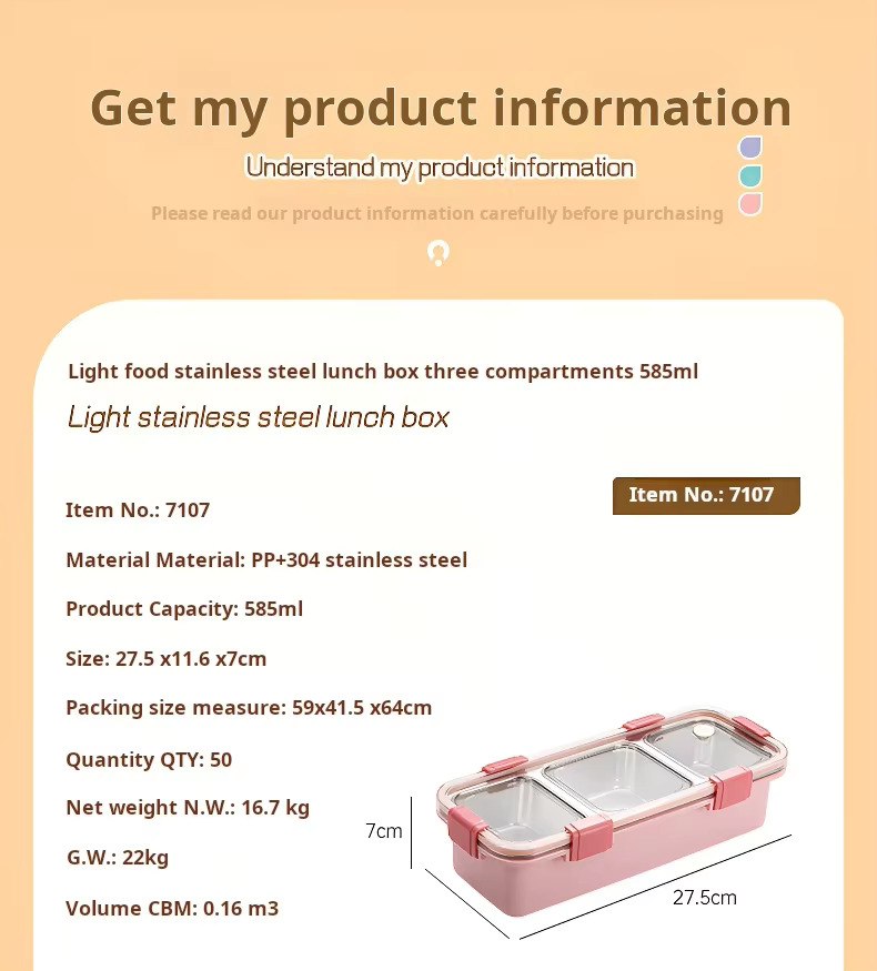 3 Grid Stainless Steel Bento Lunch Box - 585 ML