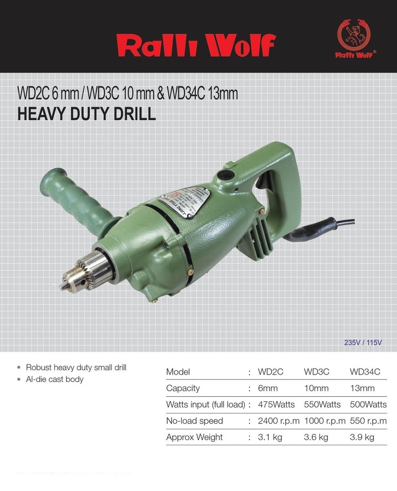 Ralli Wolf Heavy Duty Drill (WD2C 6mm,WD3C 10mm, WD34C 13mm)