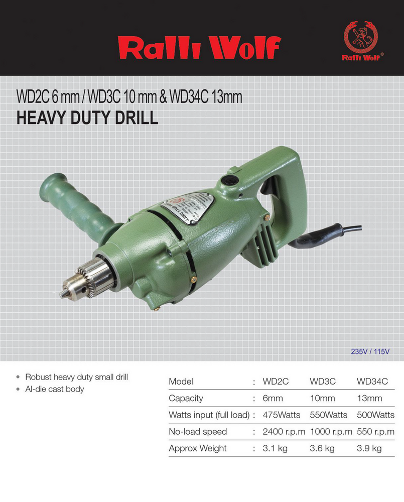 Ralli Wolf Heavy Duty Drill (WD2C 6mm, WD3C 10mm, WD34C 13mm)