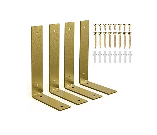 4 Pack 6 Inch Gold Heavy Duty Shelf Brackets 6 x 4 Inch, Rustic Gold Iron L Shelf Bracket