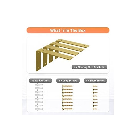 4 Pack 10 Inch Gold Heavy Duty Shelf Brackets 10 x 6 Inch, Rustic Gold Iron L Shelf Bracket