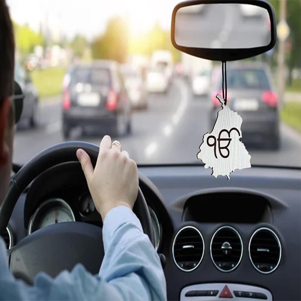 Print Ginnie Ik Onkar - Wooden Mdf Car Hanging Ornament | Dual-sided Design, Brown & Cream Color