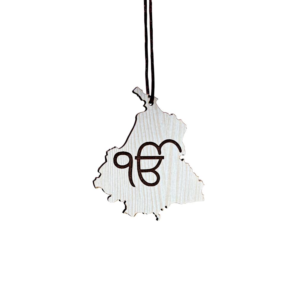Print Ginnie Ik Onkar - Wooden Mdf Car Hanging Ornament | Dual-sided Design, Brown & Cream Color