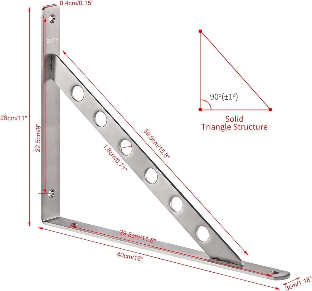16" Corner Brace Joint Right Angle Bracket, Heavy Duty Solid Shelf Support, Max Load: 550lb Stainless Steel Shelf Brackets, Pack Of 2 - Size: 16 Inch