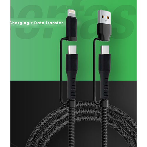 Type C 4 In 1 Braided PD Cable - PVC Material, Various Color Options | Durable Design, Fast Charging with Power Delivery Feature, 6-Month Warranty