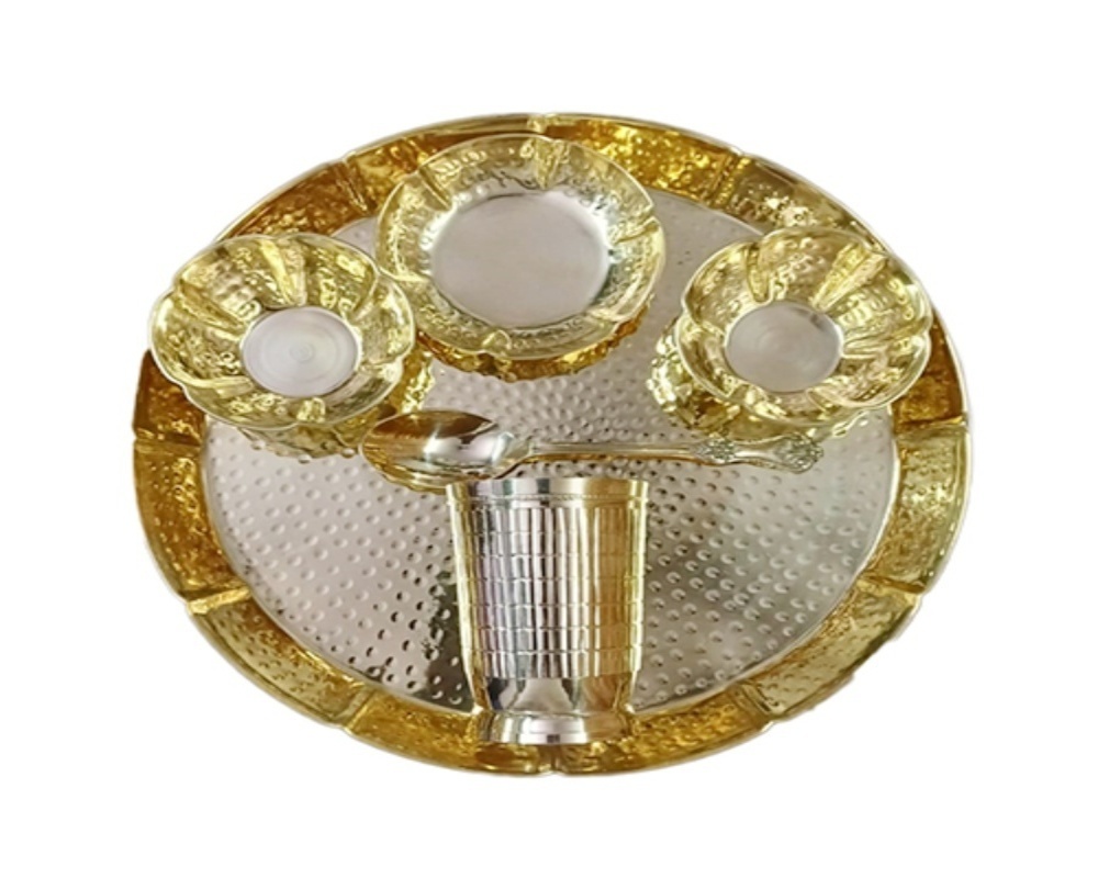 Brass Round Thali Set - Color: Silver