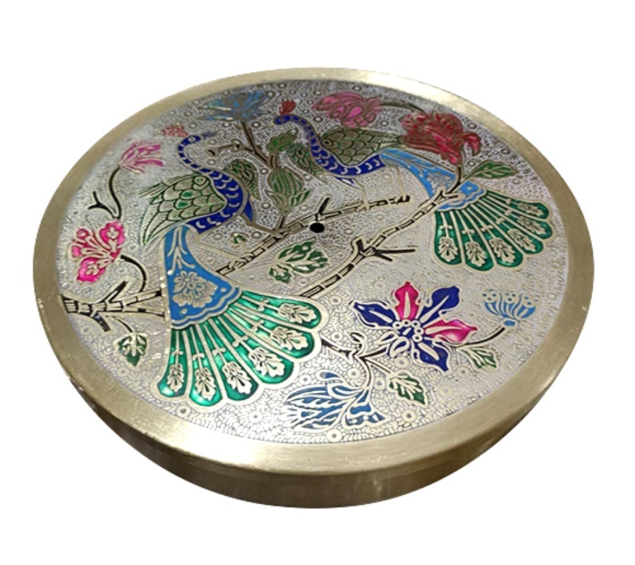 Brass Masala Box With Hand-Made Peacock Etching Led Designs - Color: Multicolor