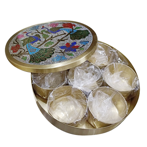 Brass  Masala Box with hand-made peacock etching led designs