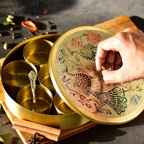 Brass  Masala Box with hand-made peacock etching led designs